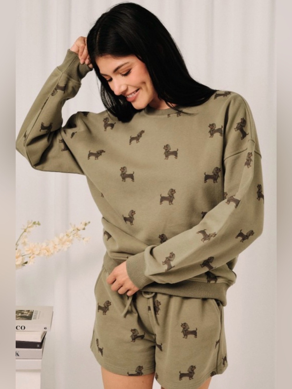 Olive Dog-Print Crewneck Sweatshirt